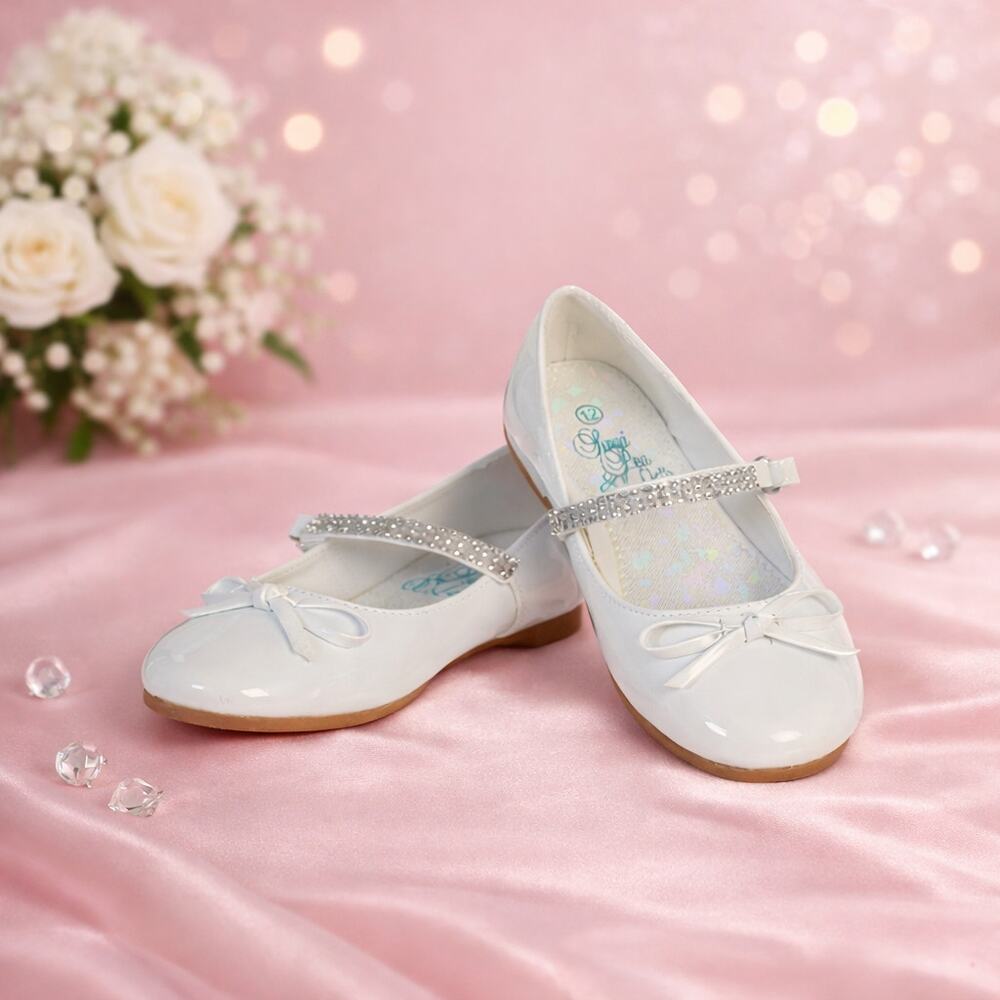 NEW Girl's Communion Dress Shoe - White/Patent Flat Shoe-Rhinestone Strap-Size 5